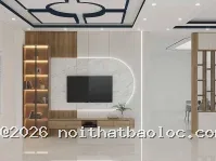 Vách kệ tivi phòng khách và vách ngăn phòng thờ
