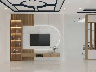 Vách kệ tivi phòng khách và vách ngăn phòng thờ