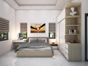 Mẫu phòng ngủ 2025 giá 40 triệu gỗ mdf, có giường, vách đầu giường, tủ áo, bàn trang điểm