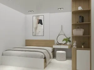 Mẫu phòng ngủ giá 30 triệu gỗ mdf, có giường, tủ áo, bàn trang điểm
