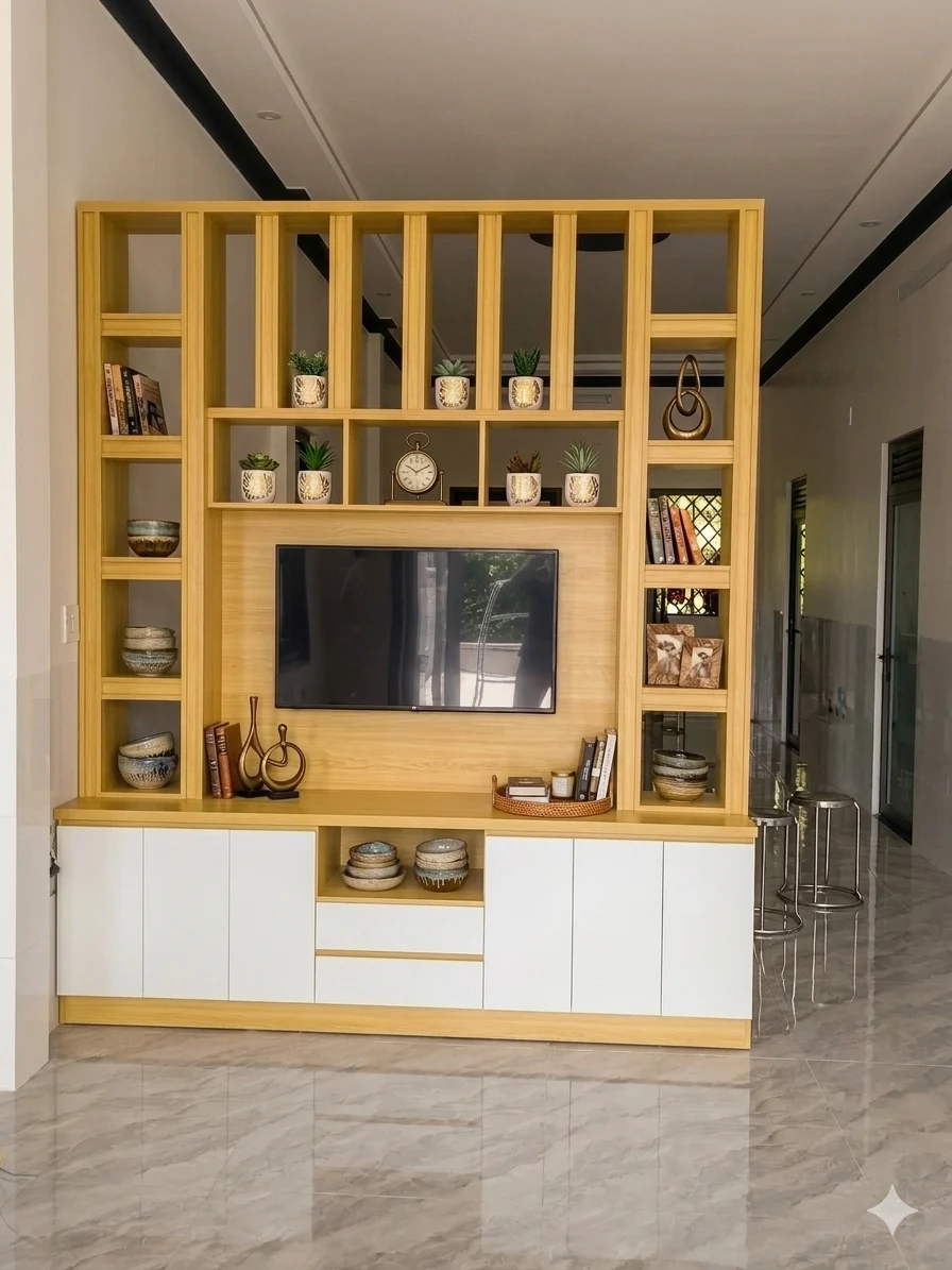 Tủ kệ tivi kết hợp bàn thờ chúa & vách ngăn phòng khách hiện đại - Ảnh 3