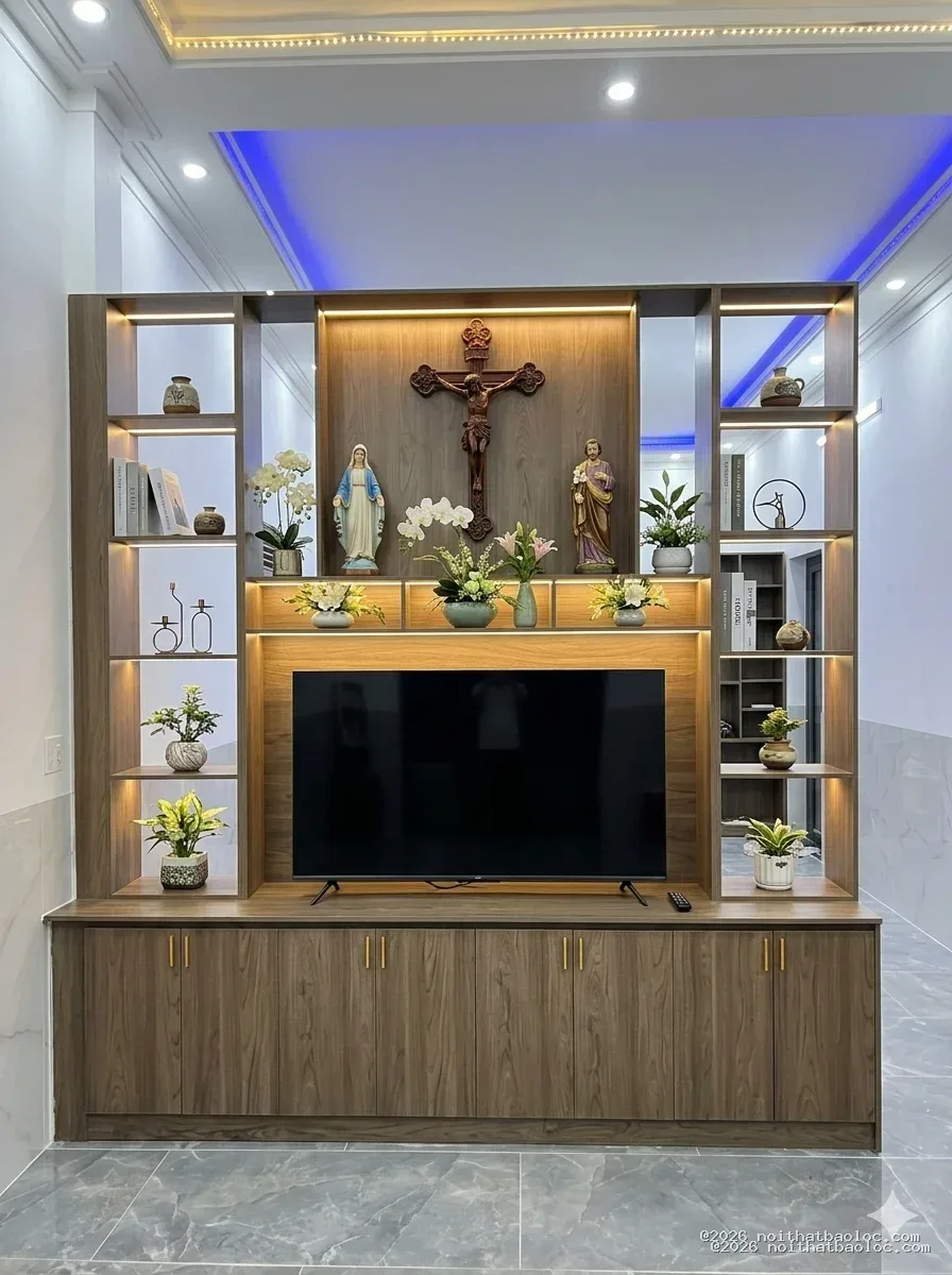 Vách tivi phòng khách có bàn thờ Chúa và tủ trưng bày hiện đại - Ảnh 5